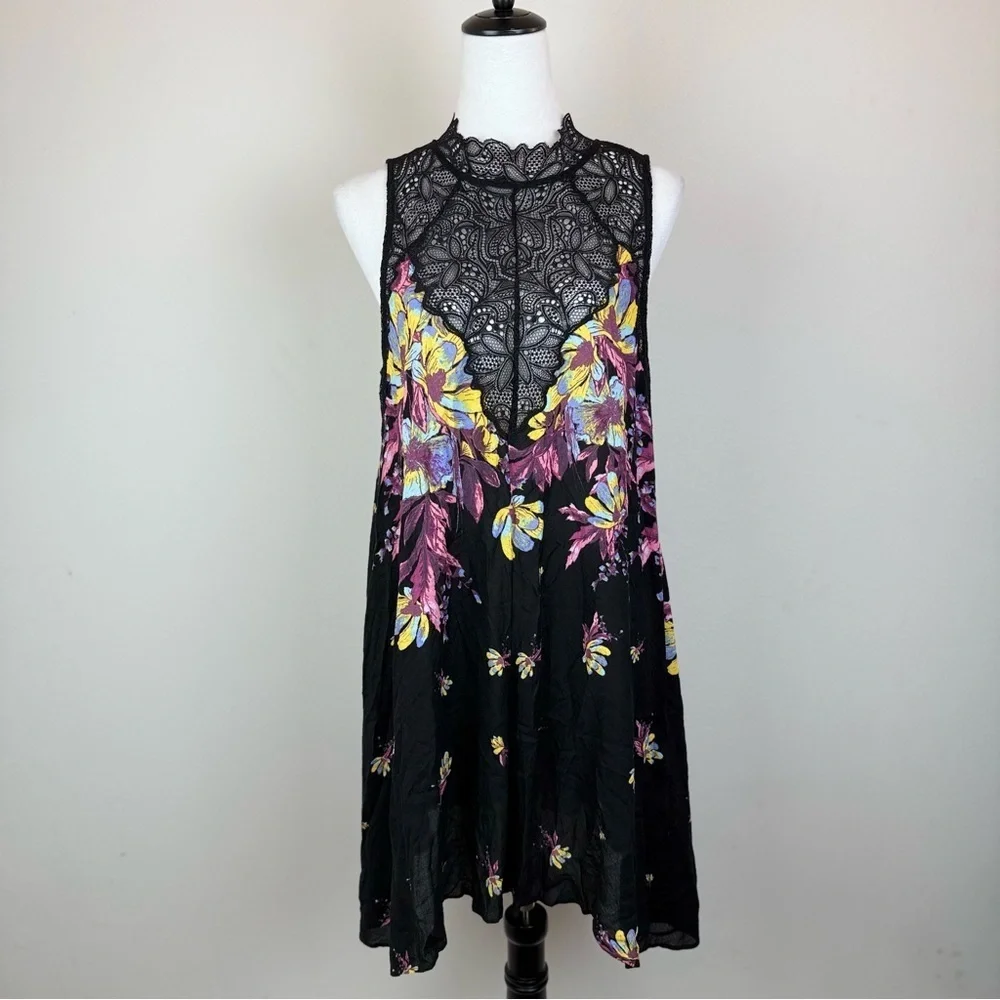 Free People‎ Intimately Floral Lace Mini Dress Black Multicolor Size M